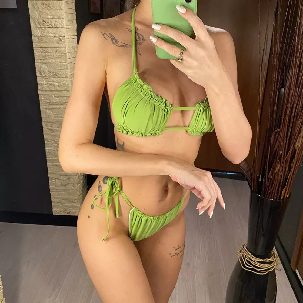 Olive Green Ruched Top and Brazilian Bottom Bikini Set - Picture 5 of 8